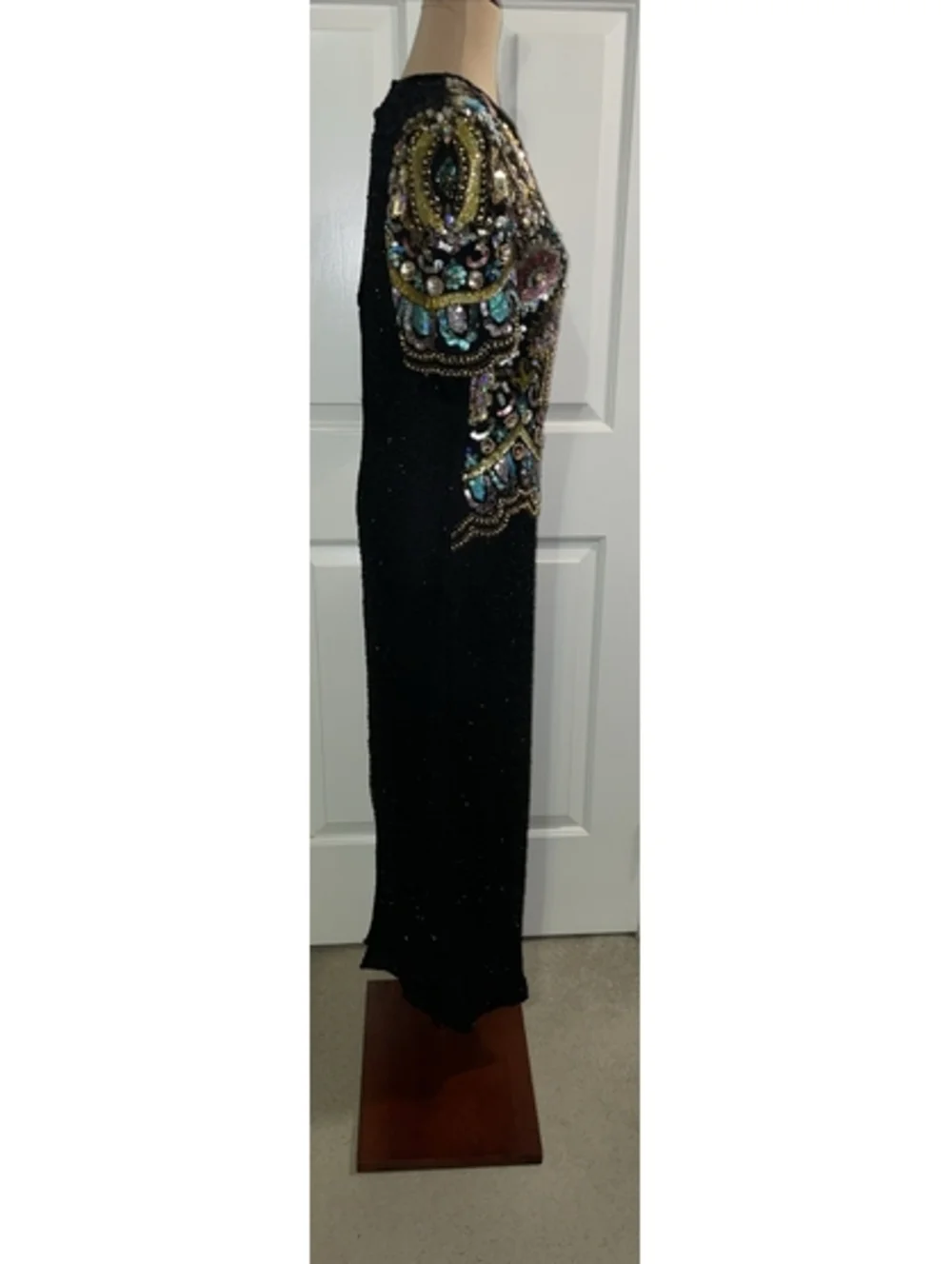 Laurence Kazar NewYork 100% Sequin Silk Dress Black Floral Small Formal Lined